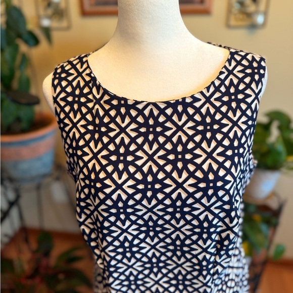 Alyx Navy Tan White Abstract Print Sheath Size 10 Cocktail Dress Knee Length Zip - Picture 2 of 12